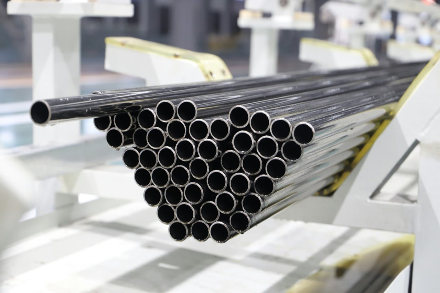 Bundle of steel pipes stacked in a factory